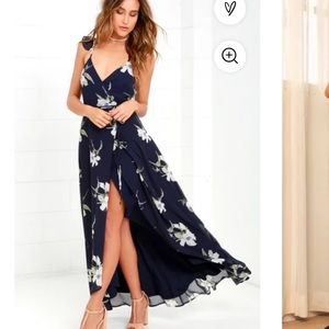 Lulus. Navy Blue Floral Print High-Low Wrap Dress